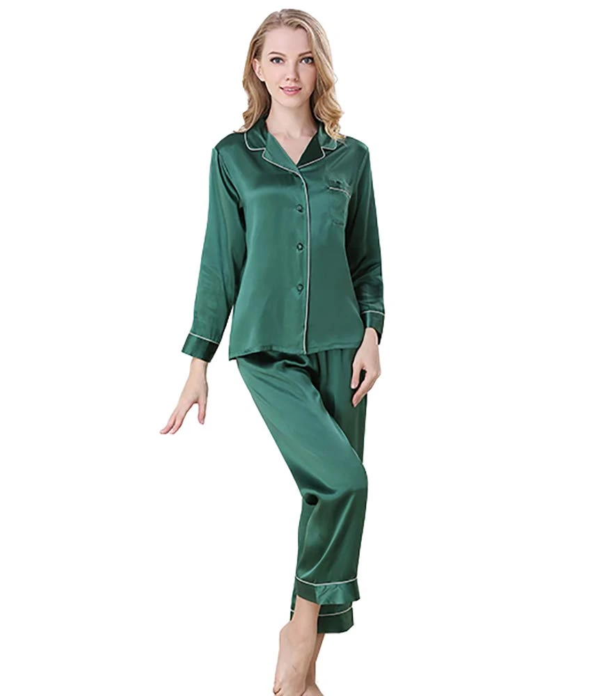 LSHARON Women's Sexy 100% Mulberry Silk Long Sleeves Pyjama Sets Nightwear Sleepwear Nightgown (S(Tag L), Green)