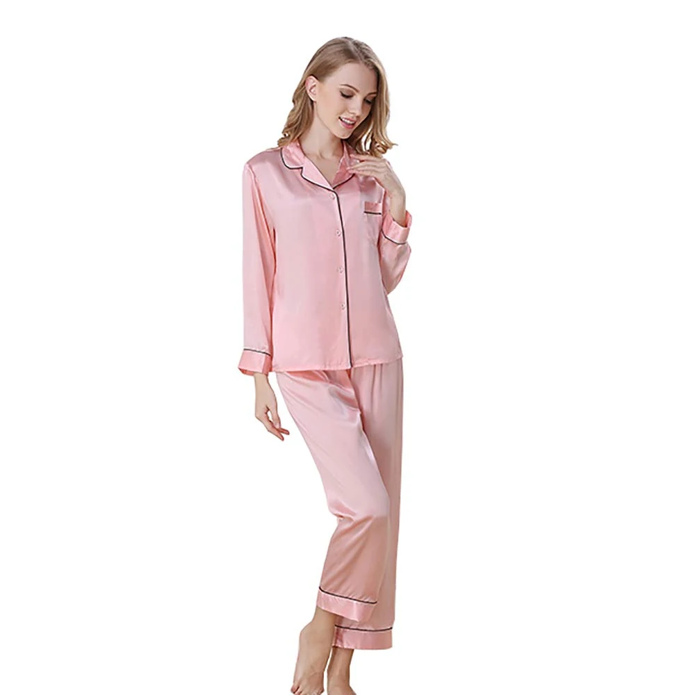 LSHARON Women's Sexy 100% Mulberry Silk Long Sleeves Pyjama Sets Nightwear Sleepwear Nightgown (S(Tag L), Pink)