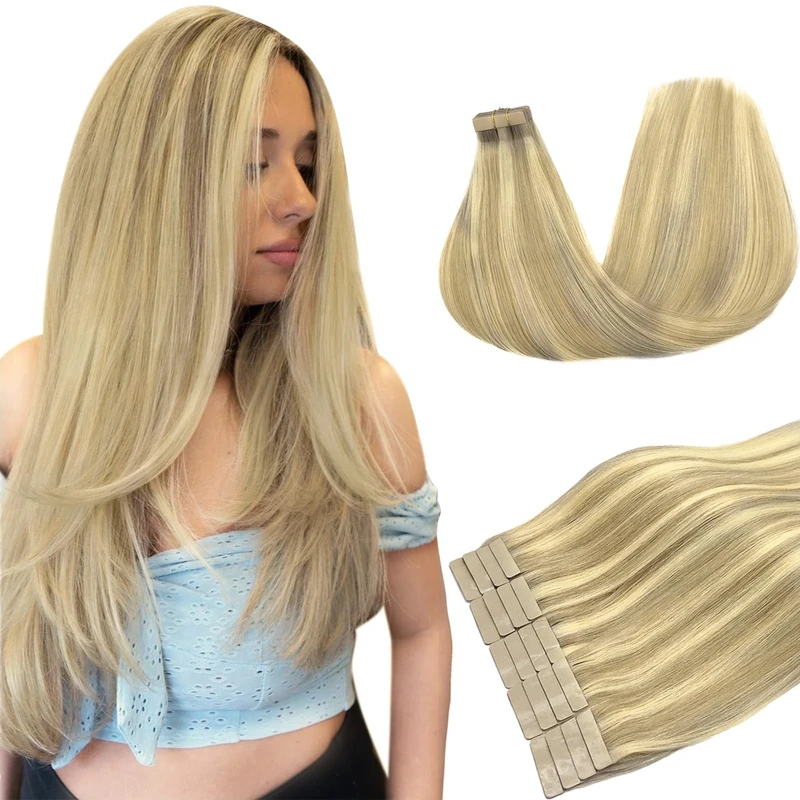 DOORES Tape in Human Hair Extensions Balayage Light Blonde Highlighted Golden Blonde 20pcs 50g Silky Straight Real Hair Extensions Tape in Skin Weft 18 Inch