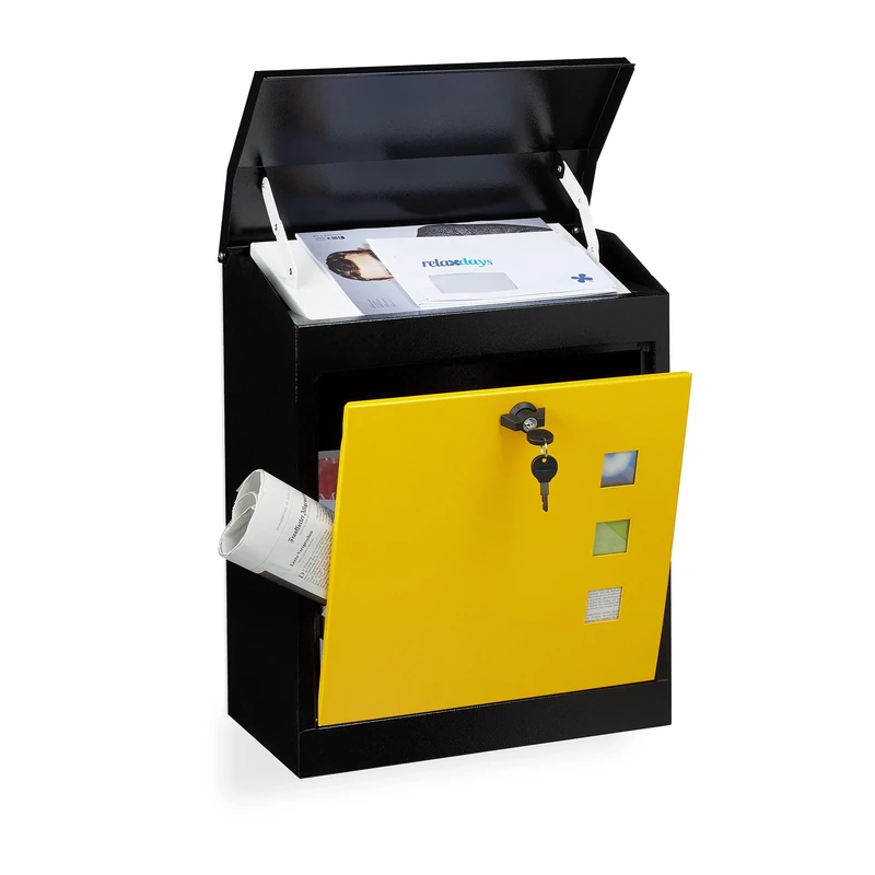Relaxdays Large Letterbox, Steel, Security Flap, Lock, HxWxD: 53 x 43.5 x 26 cm, Wall Mailbox, Black-Yellow