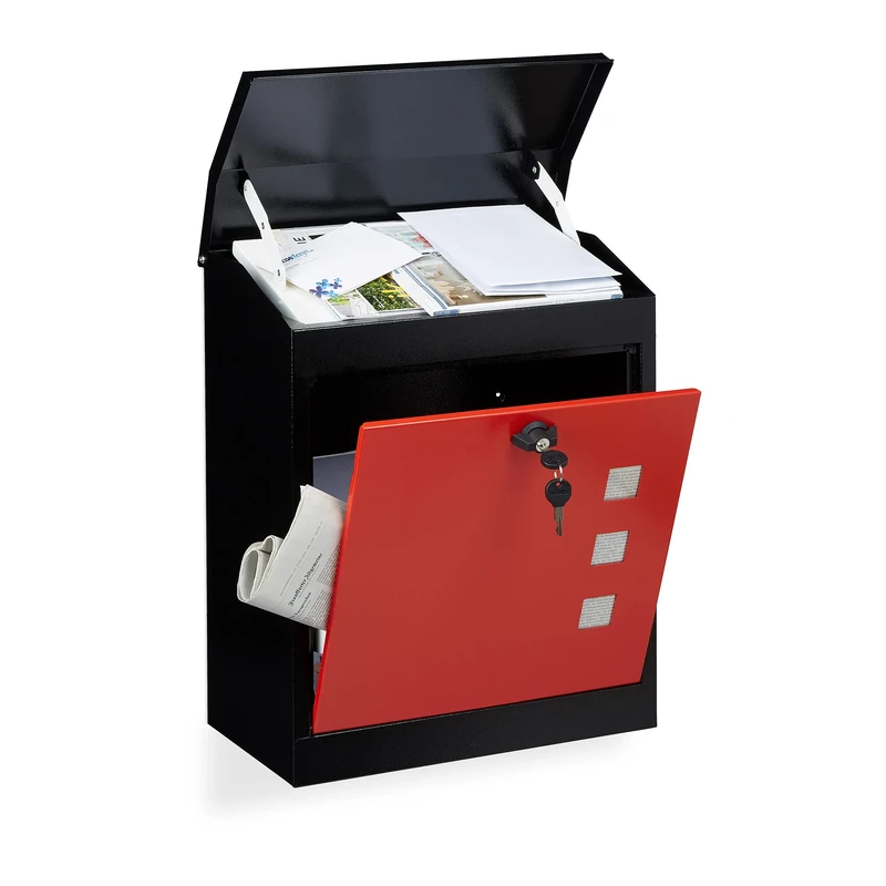 Relaxdays Large Letterbox, Steel, Security Flap, Lock, HxWxD: 53 x 43.5 x 26 cm, Wall Mailbox, Black-Red