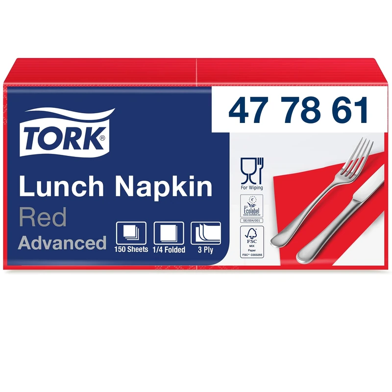 Tork 477861 Soft Red Lunch Napkin / 3 Ply Advanced, Unprinted Serviette in Red / 10 x 150 Sheets (WxL: 16.3cm x 16.5cm)