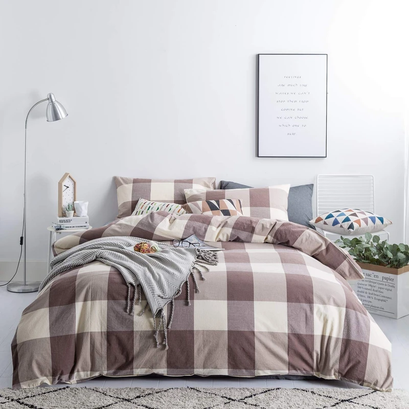 SUSYBAO 100% Washed Cotton King Size Duvet Cover Set 3 Pieces - Khaki Plaid Checkered Duvet Cover & 2 Pillowcases - All Seasons Breathable & Durable