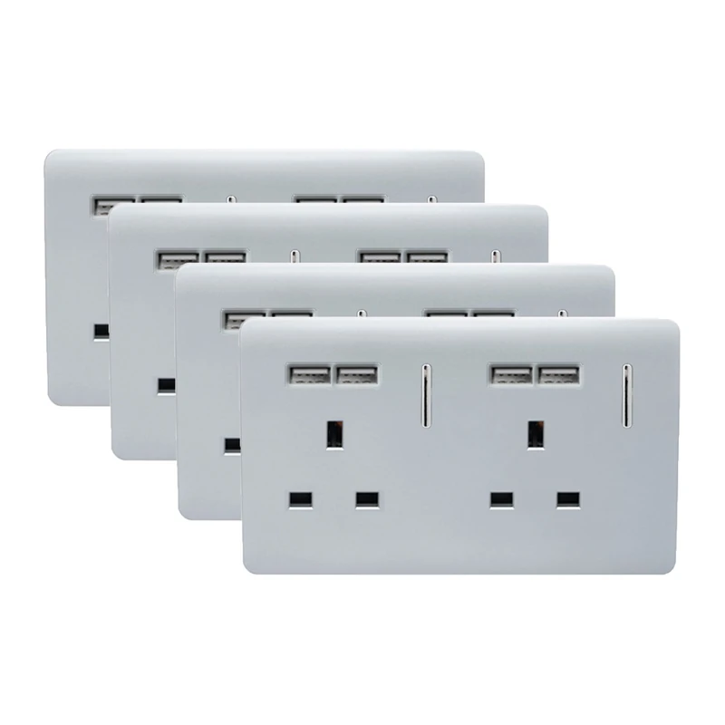 Trendi 2 Gang Artistic Modern Glossy 13 Amp Short USB Switched Plug Socket Silver x 4 Trade Pack