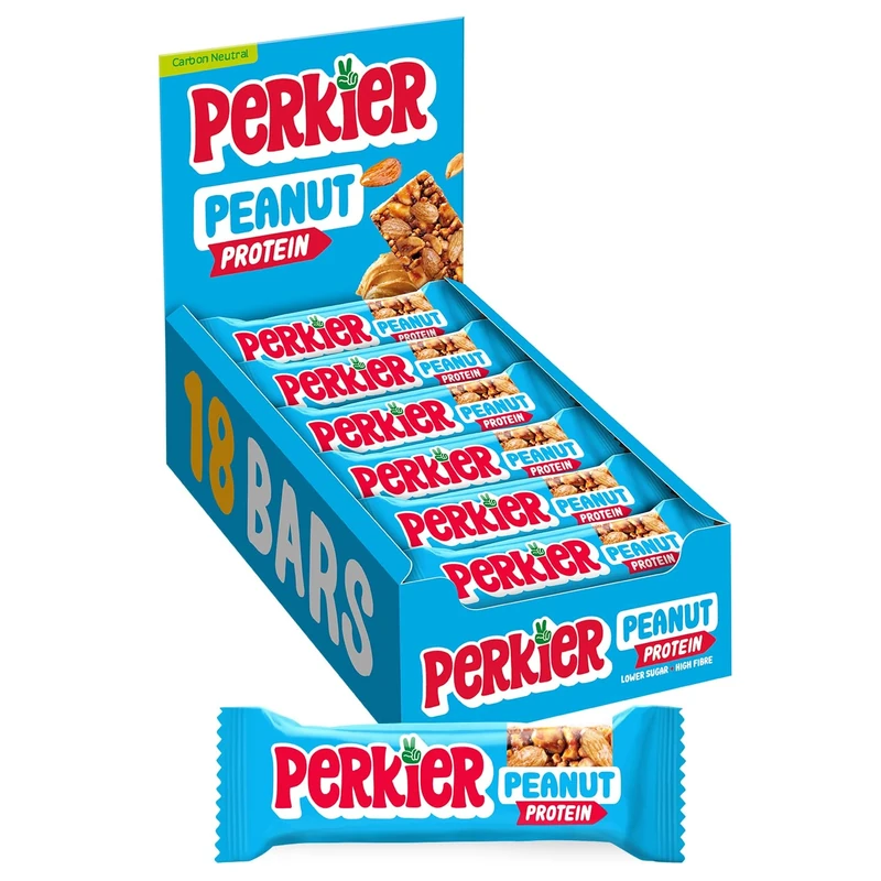 Perkier Peanut Bars (18 Bars), Vegan, Gluten Free, Protein, Lower Sugar, Office Snacks, Healthy Snacks for Adults, Low Calorie, Halal, Breakfast Bar, High Fibre, Gut Health, Multipack - Image 1