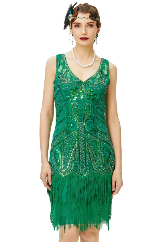 BABEYOND Women's Retro Flapper Dress with Two Layers Tassel V Neckline in 1920s Style; Costume Dress for Great Gatsby Themed Party - Green -