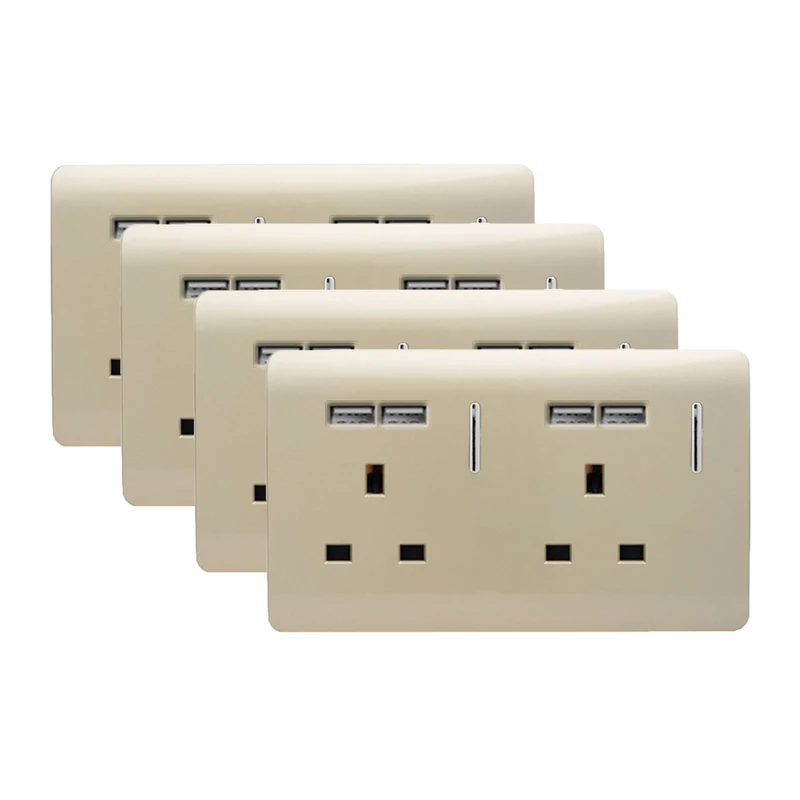 Trendi 2 Gang Artistic Modern Glossy 13 Amp Short USB Switched Plug Socket Champagne Gold x 4 Trade Pack