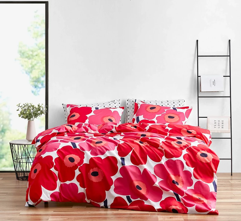 Marimekko Cotton Bedding with Matching Shams, Lightweight Home Decor for All Seasons, Unikko Red, Queen