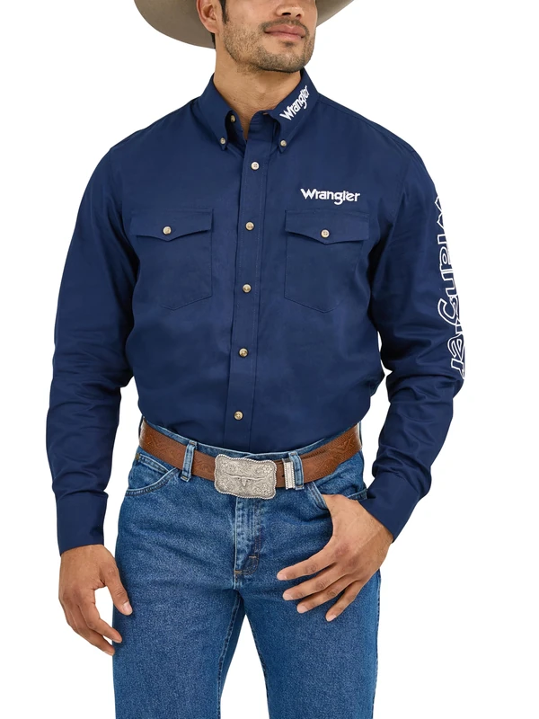 Wrangler Men's Western Logo Two Pocket Long Sleeve Button Shirt, Navy, Large