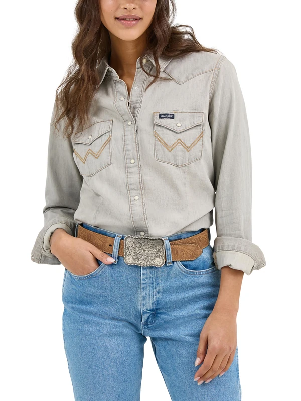 Wrangler Women's Long Sleeve Snap Front Western Shirt Blouse, Grey Denim, X-Small