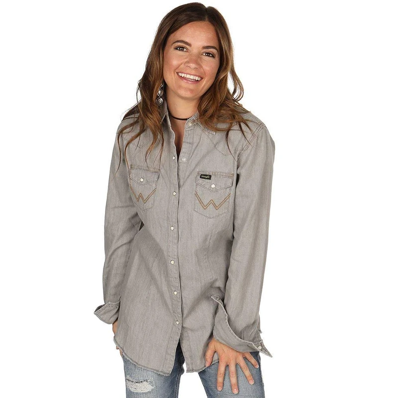 Wrangler Women's Long Sleeve Snap Front Denim Western Shirt Blouse, Grey Denim, L UK