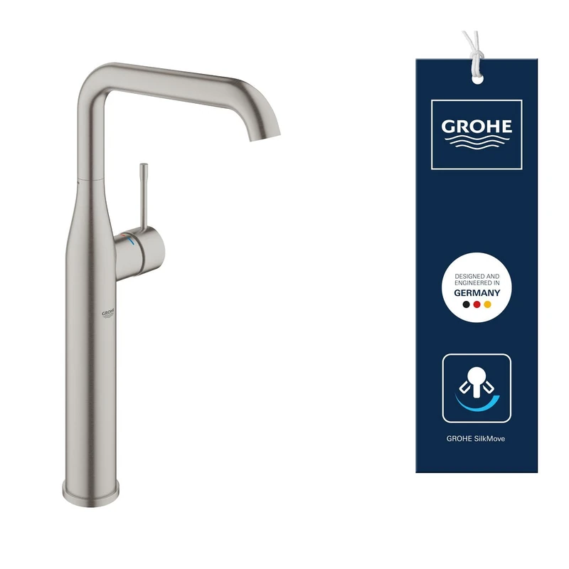 GROHE Essence Smooth Body Basin Mixer Tap (XL-Size 364 mm, 28 mm Ceramic Cartridge, Swivel Spout, for Free-Standing Washbasins, 3/8 Inch Tails), Supersteel, 32901DC1