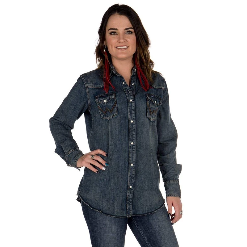 Wrangler Women's Long Sleeve Snap Front Denim Western Shirt Blouse, Denim, S UK