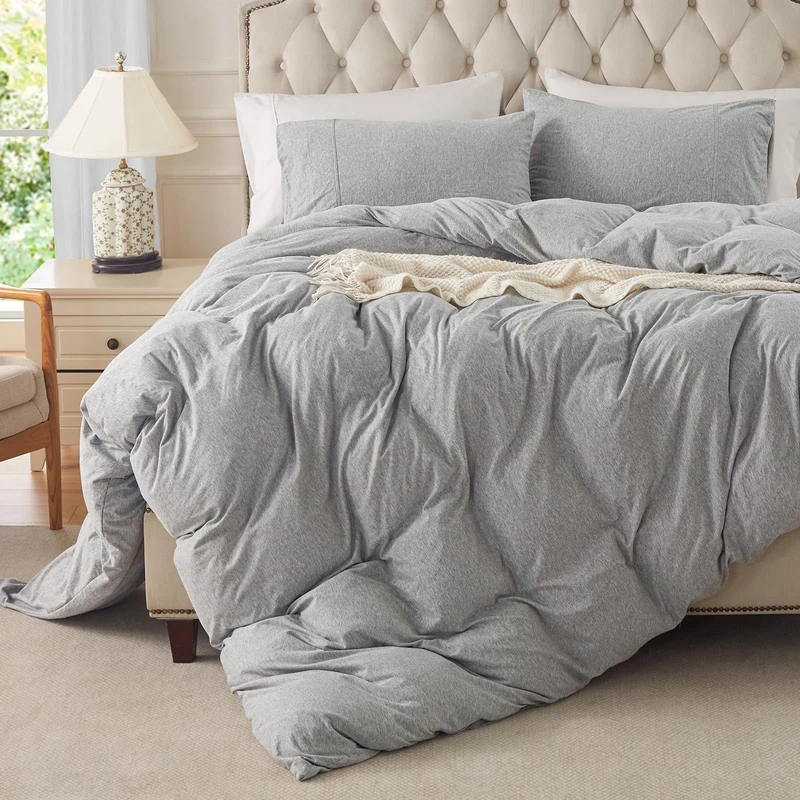 PURE ERA Jersey Knit Duvet Cover Set 100% T-Shirt Cotton Super Soft Comfy 3pc Bedding Set with Zipper Closure (Heather Grey, Queen)