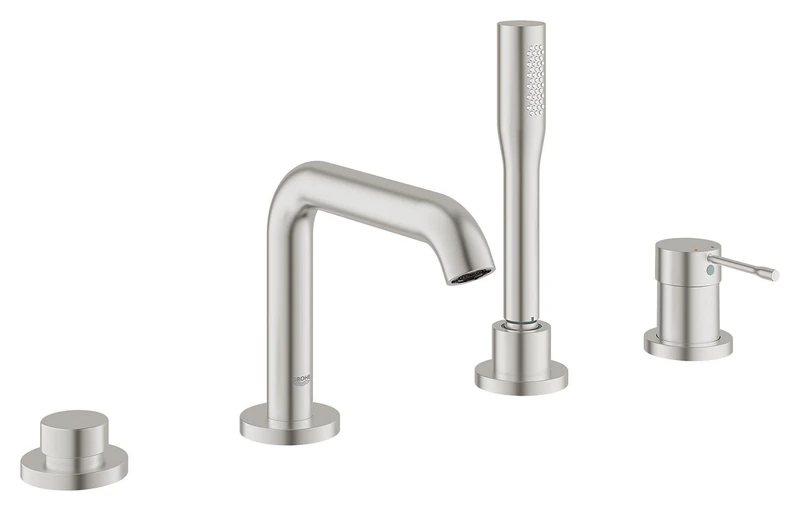 GROHE Essence 4-Hole Single-Lever Bath Filler Set (Water Saving, 35 mm Ceramic Cartridge, Stick Handshower, 2 m Metal Hose, Diverter Bath/Shower, Protected Against Backflow), Supersteel, 19578DC1 - Image 1