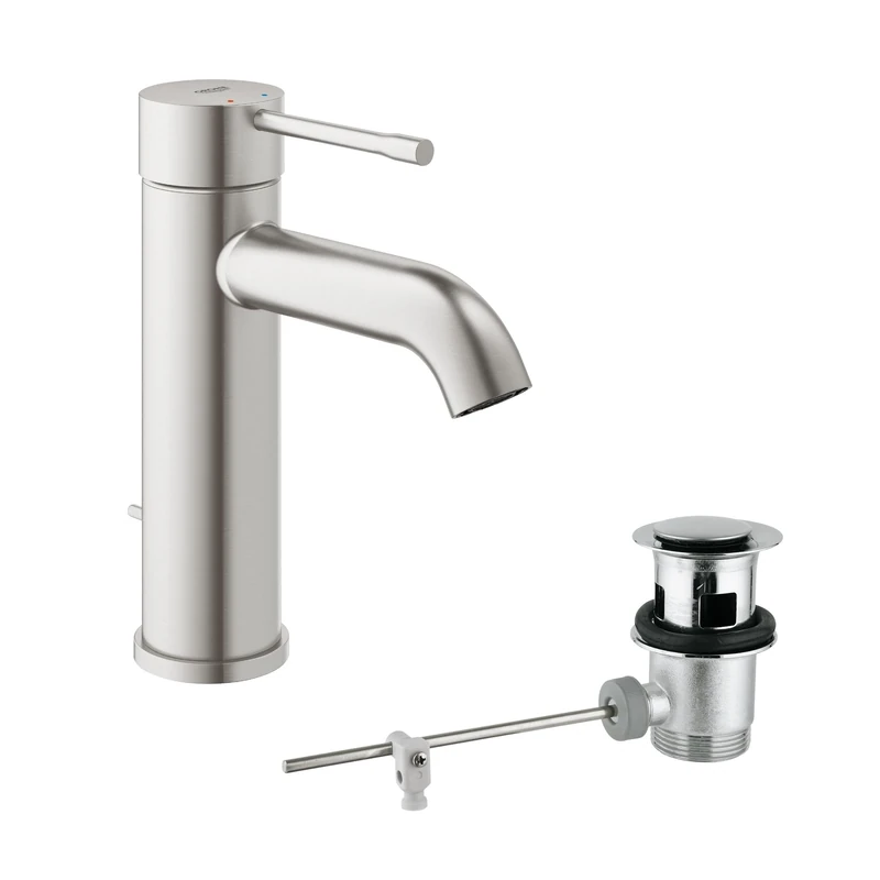 GROHE Essence Basin Mixer Tap with Pop-Up Waste Set (S-Size 208 mm, Metal Lever, 28 mm Ceramic Cartridge, Water Saving, 3/8 Inch Tails), Supersteel, 23589DC1