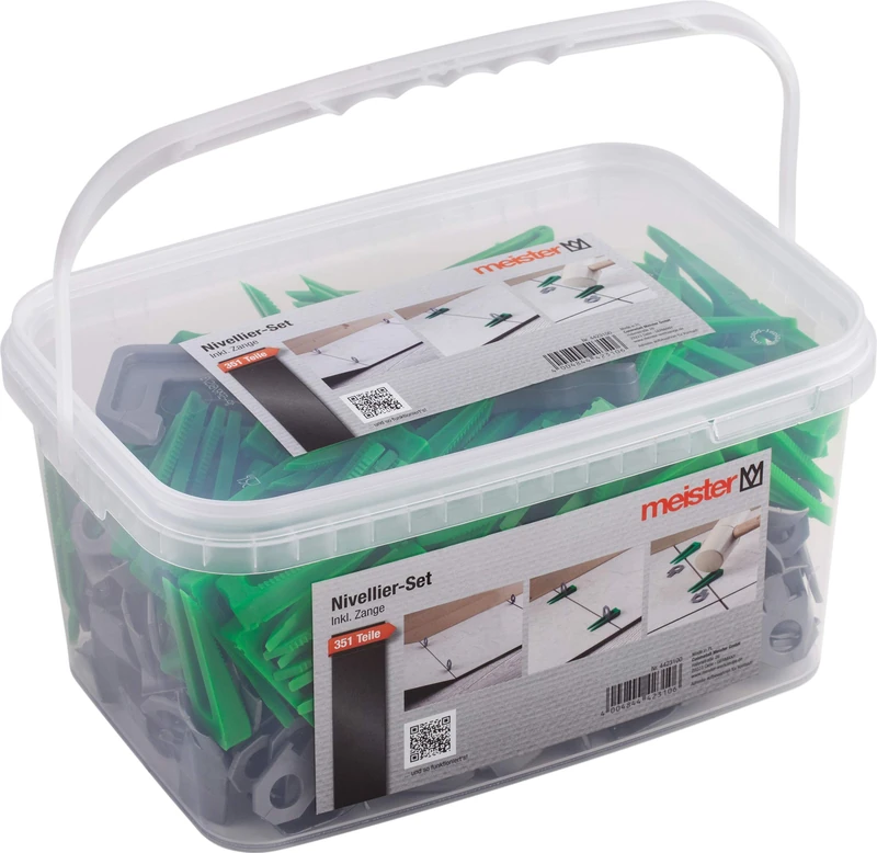 Meister Tile Levelling System 351 Pieces Tile Thickness 7-15 mm with Pull Clamp Clips & Spacers | Tile Levelling Aid with Strap | Laying aid with Wedges | 4423100