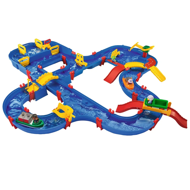 BIG Spielwarenfabrik 1650 AquaPlay - AmphieWorld - 145 x 156 cm Waterway, Includes 79 Pieces, Play Set Including 2 Boats, Amphibian Car and 3 Toy Figures, for Children from 3 Years