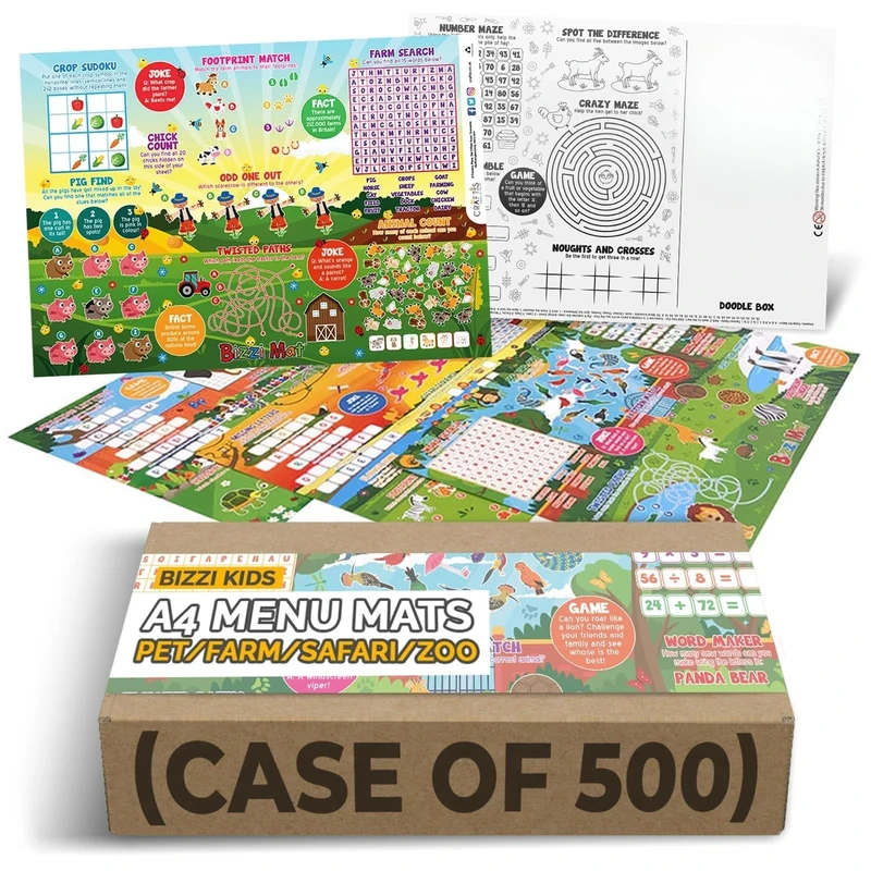 BIZZI Menu Mat - A4 Kids Activity Packs of 500 - Includes Learning Games Like Crosswords, Mazes, Colouring & More - Double-Sided, Printer Friendly Sheets - with 4 Fun Designs: Pet, Farm, Safari, Zoo