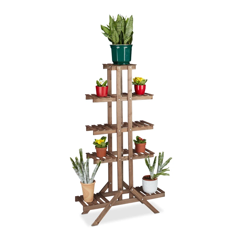 Relaxdays Flower Stand with 5 Tiers, Wooden, Indoor Flower Rack, Multi-Shelf, HxWxD: ca 142.5 x 83 x 28.5 cm, Dark Brown