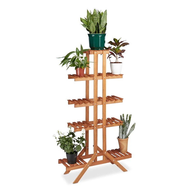 Relaxdays Flower Stand with 5 Tiers, Wooden, Indoor Flower Rack, Multi-Shelf, HxWxD: ca 142.5 x 83 x 28.5 cm, Light Brown - Image 1