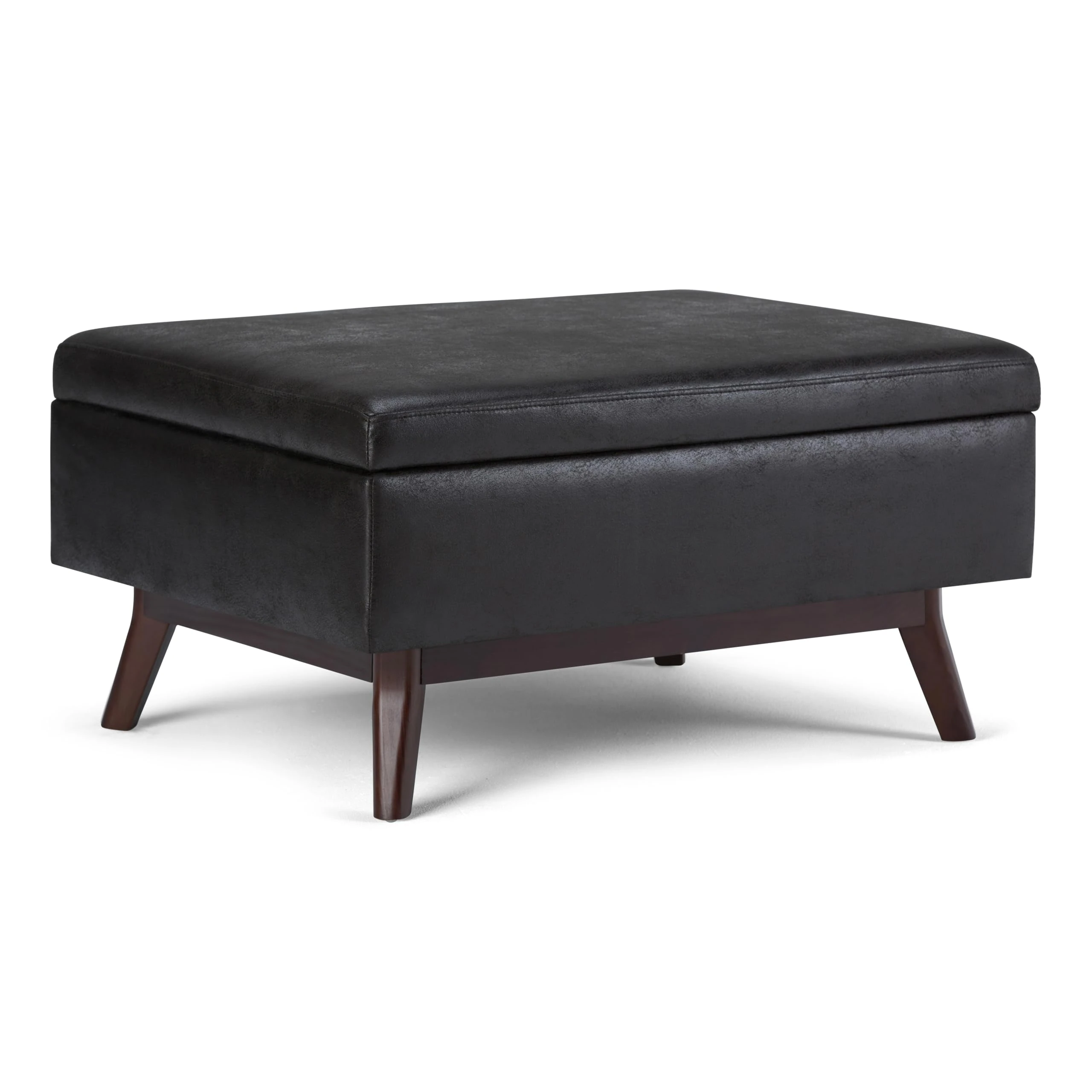 SIMPLIHOME Owen 34 inch Wide Rectangle Coffee Table Lift Top Storage Ottoman, Cocktail Footrest Stool in Upholstered Distressed Black Faux Air Leather, Mid Century Modern, Living Room