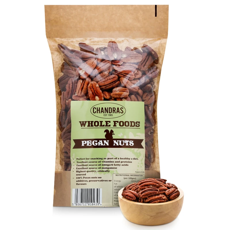 Chandra Whole Foods – Pecan Nuts 1KG - Low-GI Pecan Nut for Snacking, Smoothies, Baking & Cooking - Gluten-Free Keto Pecan Nuts, Rich in Protein & Vitamins & Antioxidants