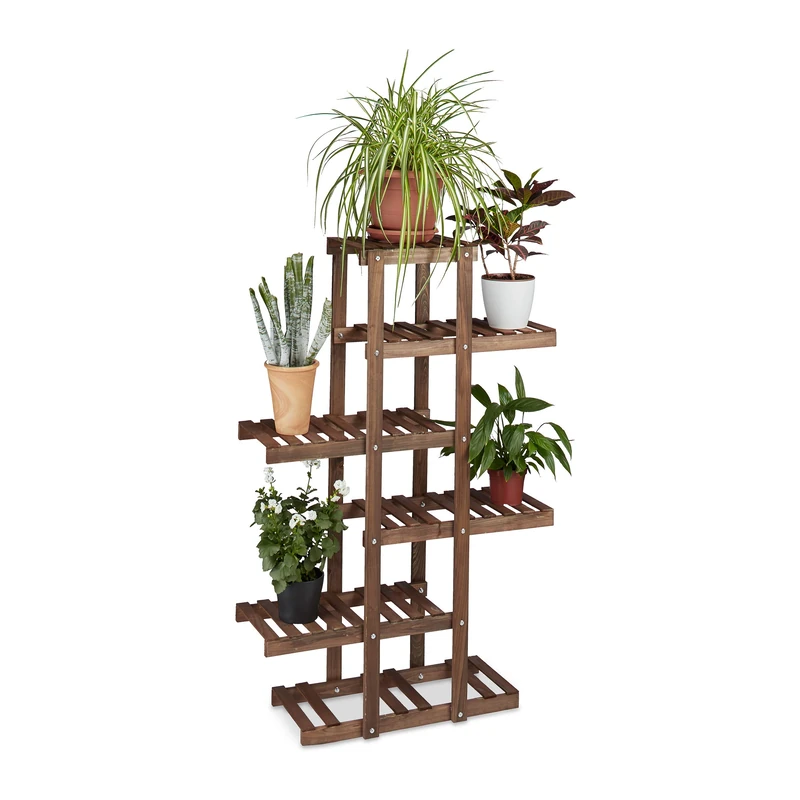 Relaxdays Wooden Flower Rack, 5 Shelves, Indoor Plant Stand, Multi-Tier, HxWxD: 125 x 81 x 25 cm, Dark Brown