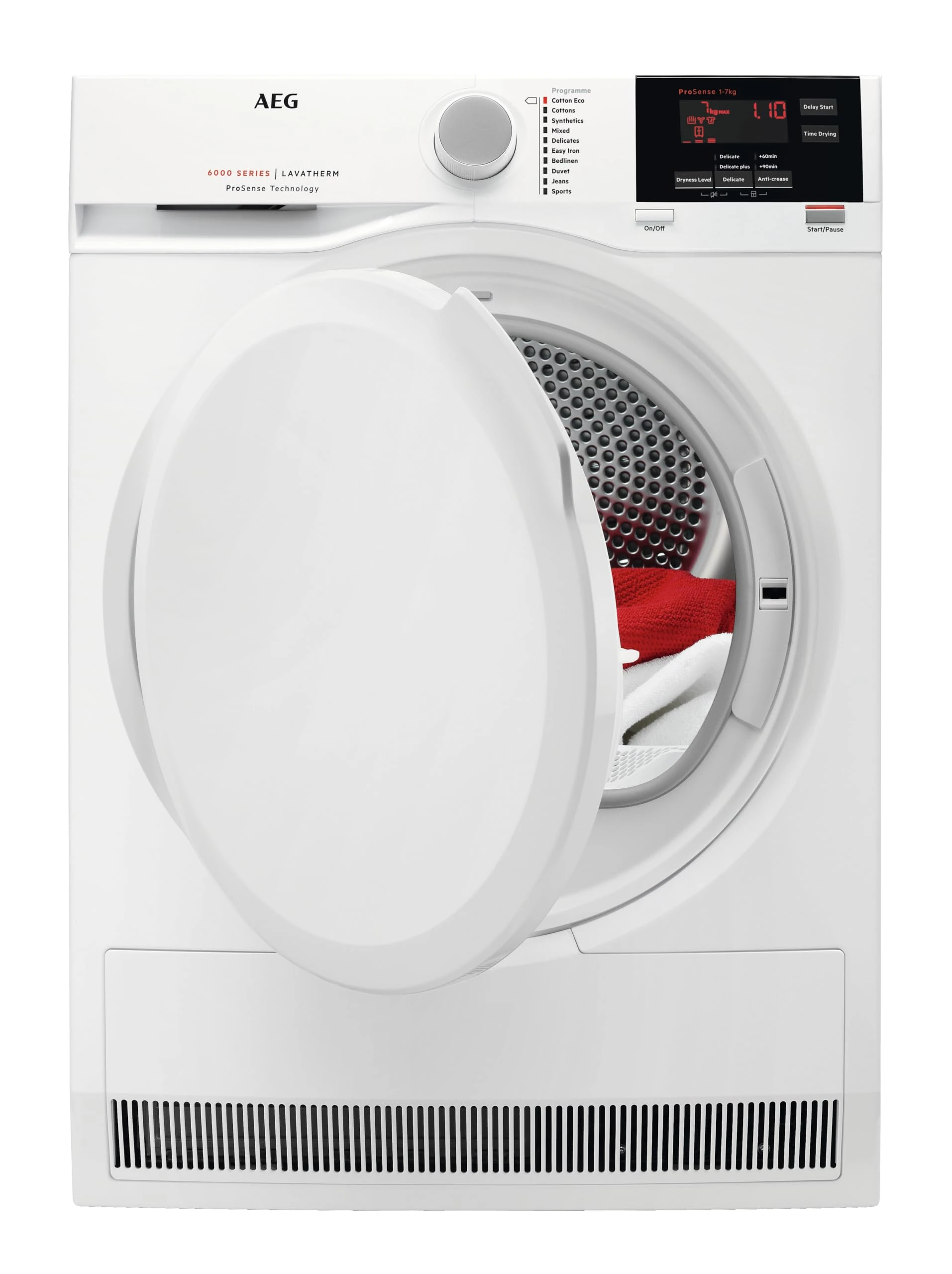AEG T6DBG720N, 6000 ProSense Condenser, 7Kg Tumble Dryer, Freestanding, Delay Start Option, Sensor Dryer, Reverse Tumbling, Anti-crease, 1400 RPM, 66 Decibels, 2800 W, 850x596x595mm, Class B, White