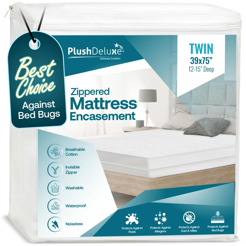 PlushDeluxe Zippered Mattress Encasement, Waterproof, Bed Bug & Dust Mite Proof 6-Sided Protector Cover, (Fits 9-12 Inches H) Twin