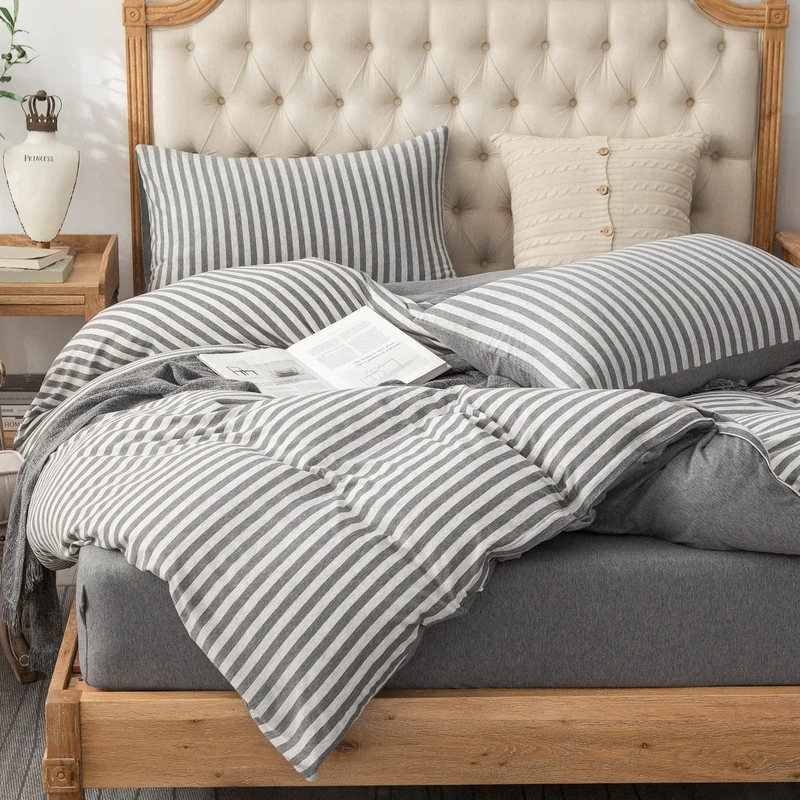 PURE ERA Jersey Knit Duvet Cover Set 100% T-Shirt Heather Cotton Super Soft Comfy Classic Striped Design, with Zipper Closure, Grey Stripe, Queen