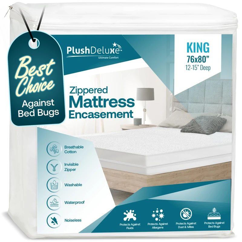 PlushDeluxe Zippered Mattress Encasement, Waterproof, Bed Bug & Dust Mite Proof 6-Sided Protector Cover, (Fits 9-12 Inches H) King