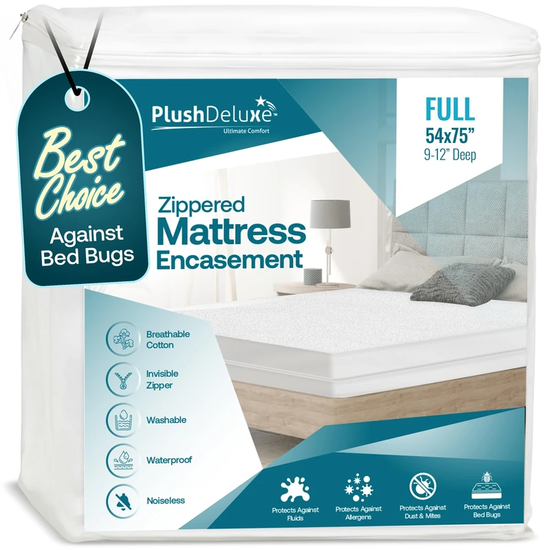 PlushDeluxe Zippered Mattress Encasement, Waterproof, Bed Bug & Dust Mite Proof 6-Sided Protector Cover, (Fits 9-12 Inches H) Full