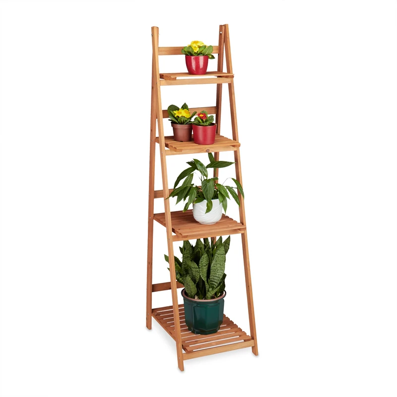 Relaxdays Wooden Flower Display Rack, Indoor Flower Stand, 4-Tier, Plant Stairs, Foldable, HxWxD: 161 x 41 x 25 cm, Brown