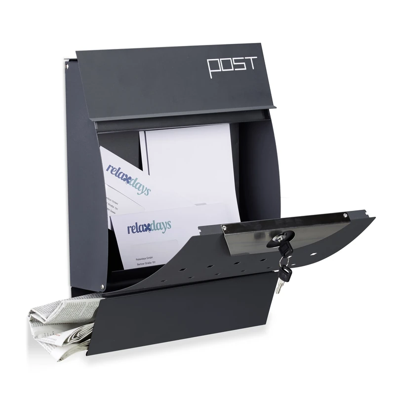 Relaxdays Design Mailbox with Newspaper Holder, Powder-Coated, HxWxD: 37.5 x 35 x 10.5 cm, Wall Letterbox, Grey
