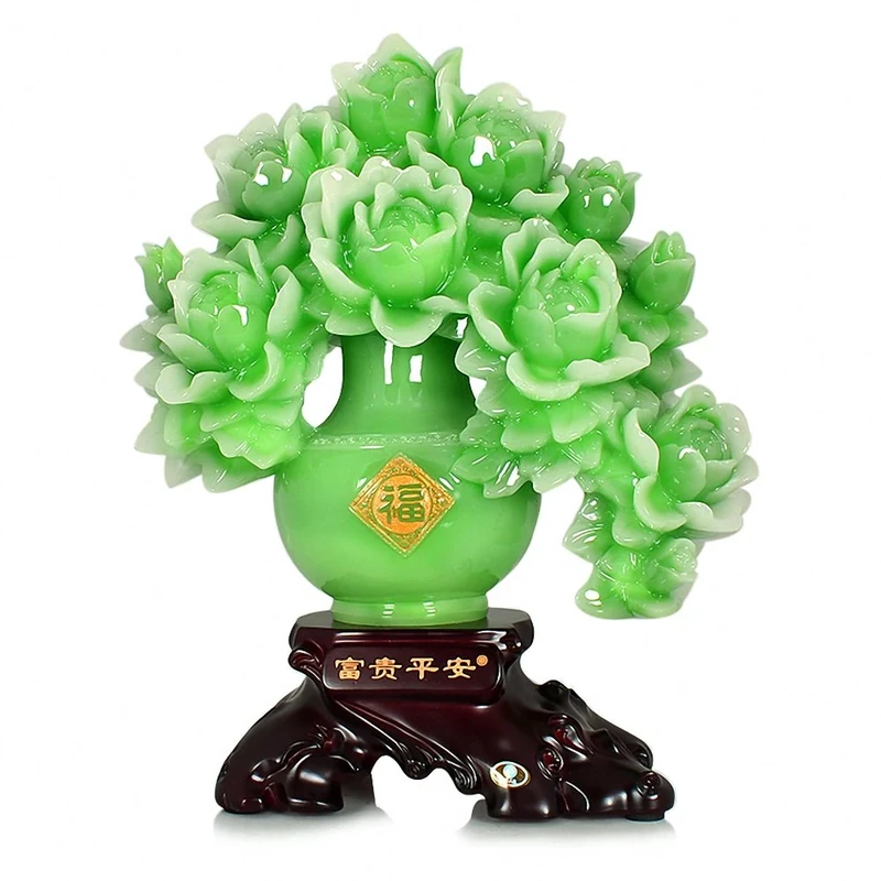 BOYULL Large Size Fengs Shui Green Color Peony Flower Statue,Best Housewarming Congratulatory Gift, Attract Wealth and Good Luck,Feng Shui Decor