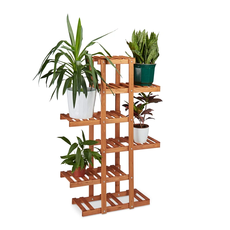 Relaxdays Wooden Flower Rack, 5 Shelves, Indoor Plant Stand, Multi-Tier, HxWxD: 125 x 81 x 25 cm, Light Brown