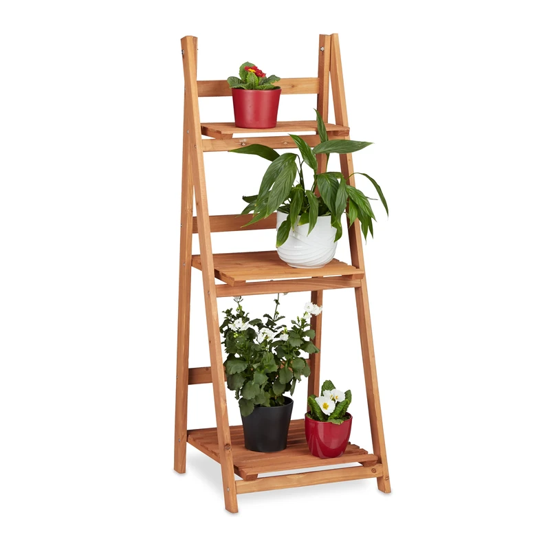 Relaxdays Wooden Flower Display Rack, Indoor Flower Stand, 3-Tier, Plant Stairs, Foldable, HxWxD: 107.5 x 41 x 25 cm, Brown