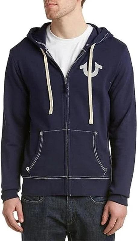 True Religion Men's Buddha Logo Zip Hoodie Sweatshirt, True Navy, S