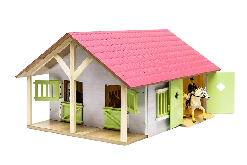 Kids Globe Farming Riding Farm Pink Farm Horse Stable Wooden 1:24 with 2 Boxes Toy Horse Farm with Practical Folding Roof, for All Standard Animal Figures 610168