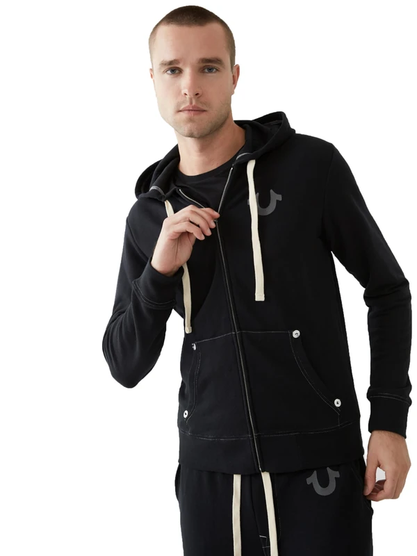 True Religion Men's Buddha Logo Zip Hoodie Sweatshirt, Black, XXXL