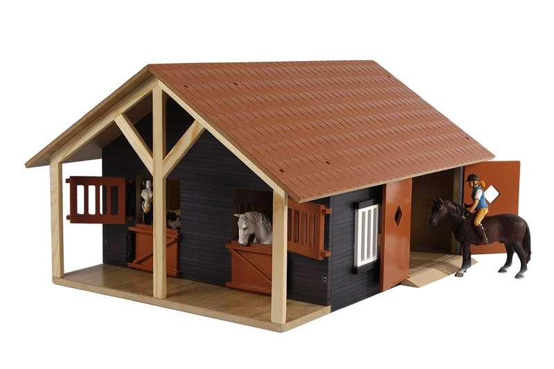 Van Manen Kids Globe Farming 610167 Horse Stable, Wooden, 1:24 Scale with 2 Boxes, Workshop, Movable Roof and Doors.