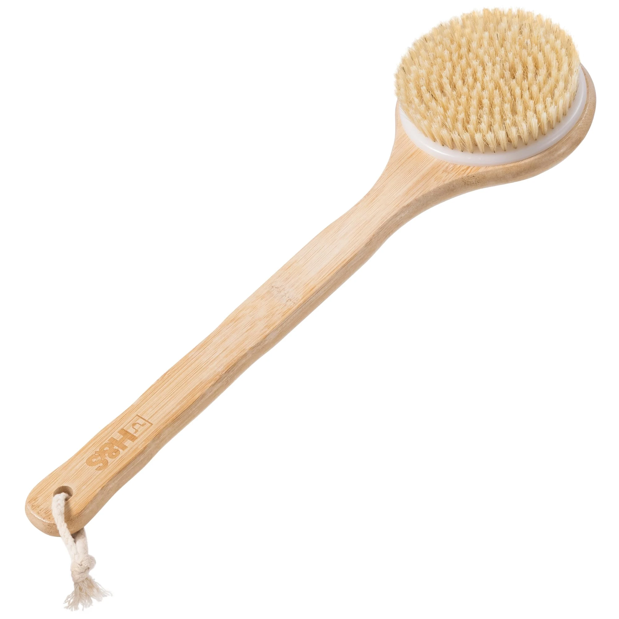 H&S Bamboo Body & Back Brush with Long Handle, Natural Bristles Shower Scrubber & Cellulite Exfoliating Brush for Dry Skin - Back Scrubber