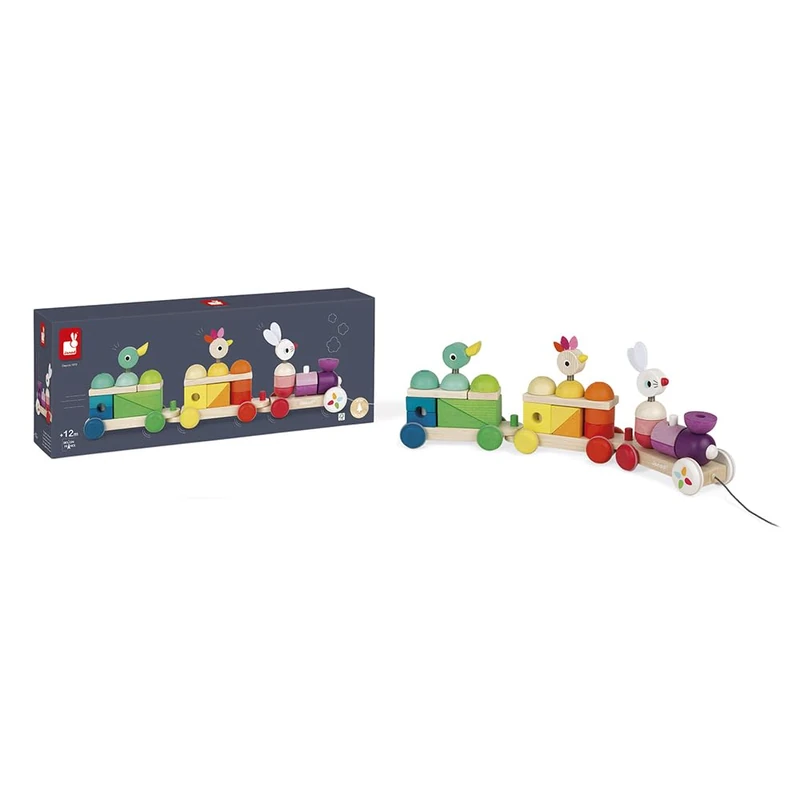 Janod - Zigolos Giant Multicoloured Wooden Train - 2-In-1 Early Learning Pull-Along Toy - Motor Skills Training - Water-Based Paint - Fsc Certified - from 1 Year Old, J08202