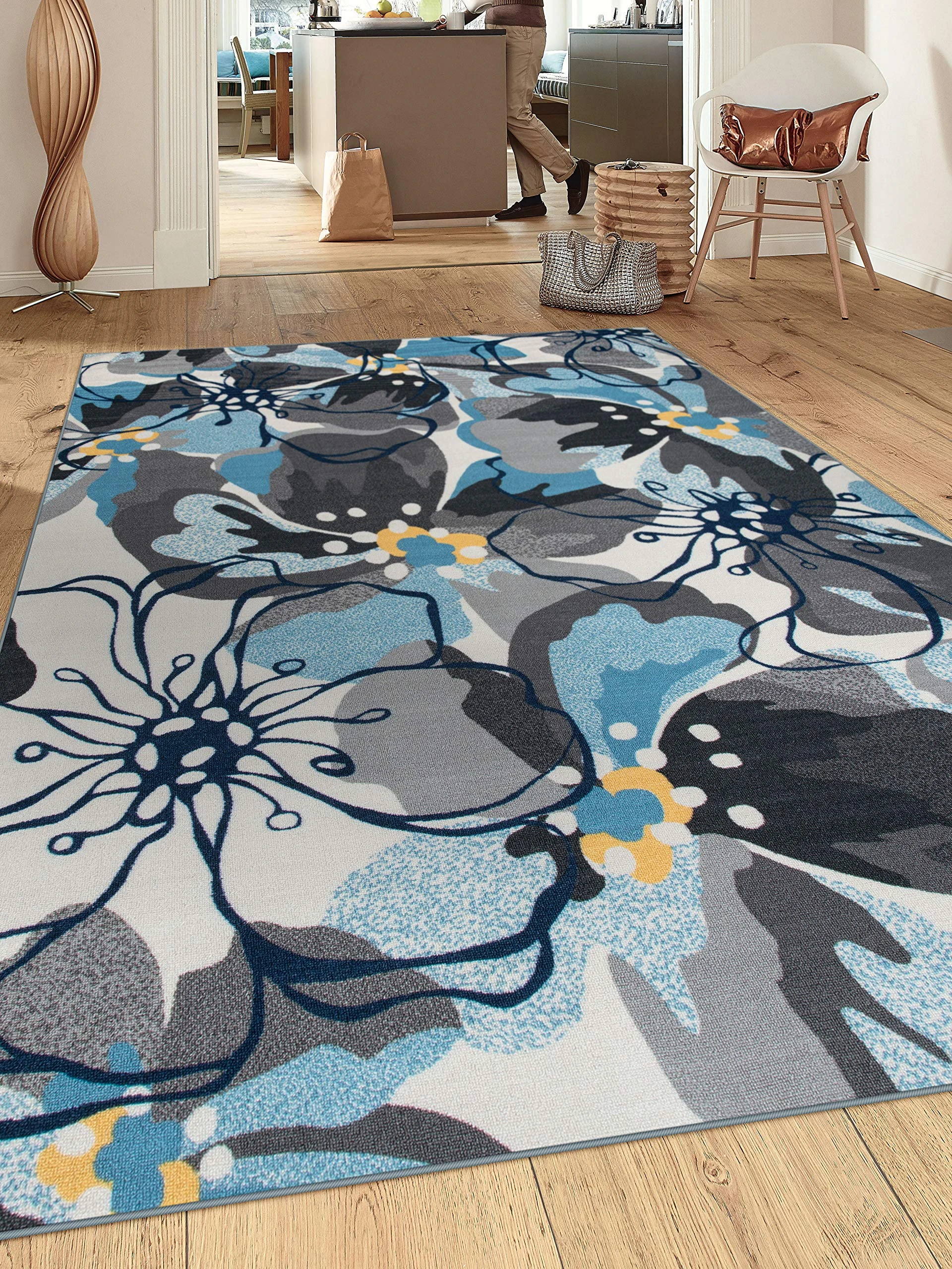 Modern Large Floral Non-Slip (Non-Skid) Area Rug 8 x 10 (7' 10" x 10') Gray-Blue