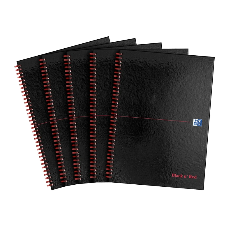 Oxford Black n' Red A4 Glossy Hardback Wirebound Notebook Ruled 140 Page, 5 Notebooks