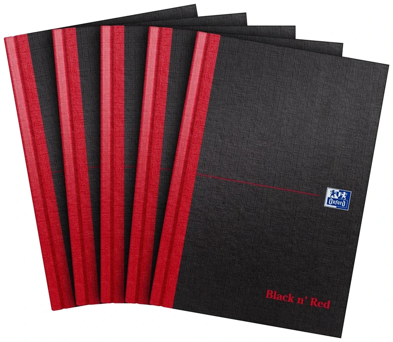 Oxford Black n' Red A5 Notebook, Hardback Casebound, 192 pages, Lined (Pack of 5)