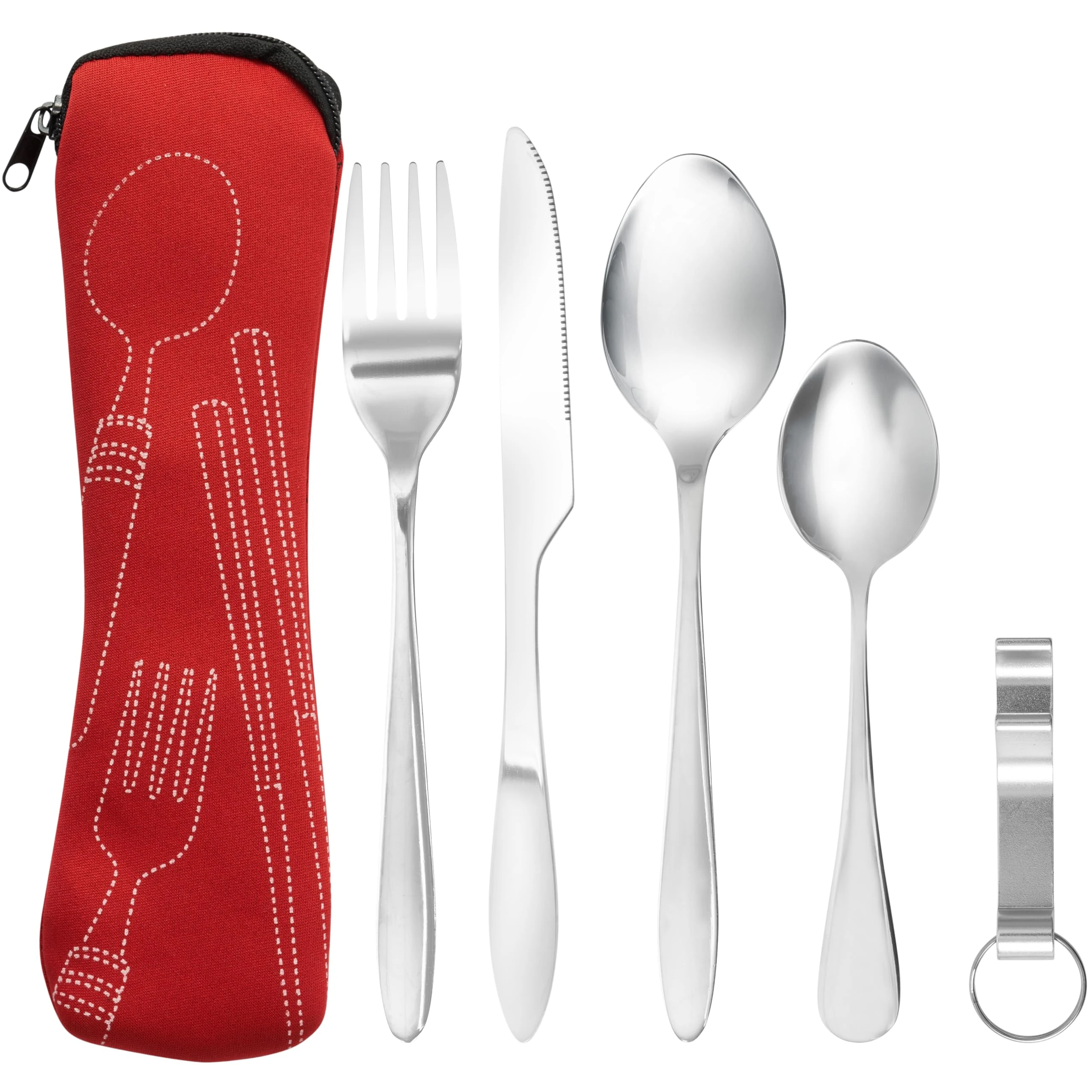 Bramble - 5 Piece Premium Stainless Steel Portable Cutlery Set with Pouch Case, Outdoor Travel Camping Utensil Set - Red
