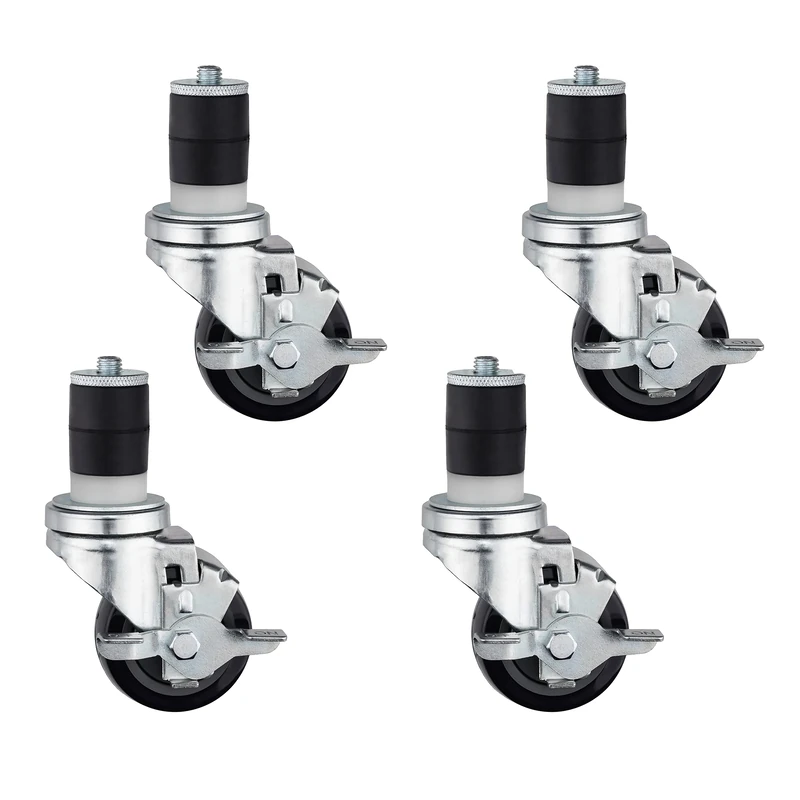 DuraSteel 1-1/2" Expanding Stem Caster with Side Brake for Commercial Kitchen Prep Work Tables - 3" Polyurethane Wheel / 4" Mounting Height, 530LBs, Set of 4