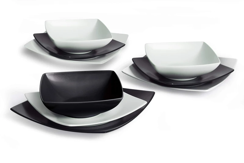 Excelsa 61537_Bianco/Nero effetto mat Eclipse Square Plate Service, Ceramic, Black, White